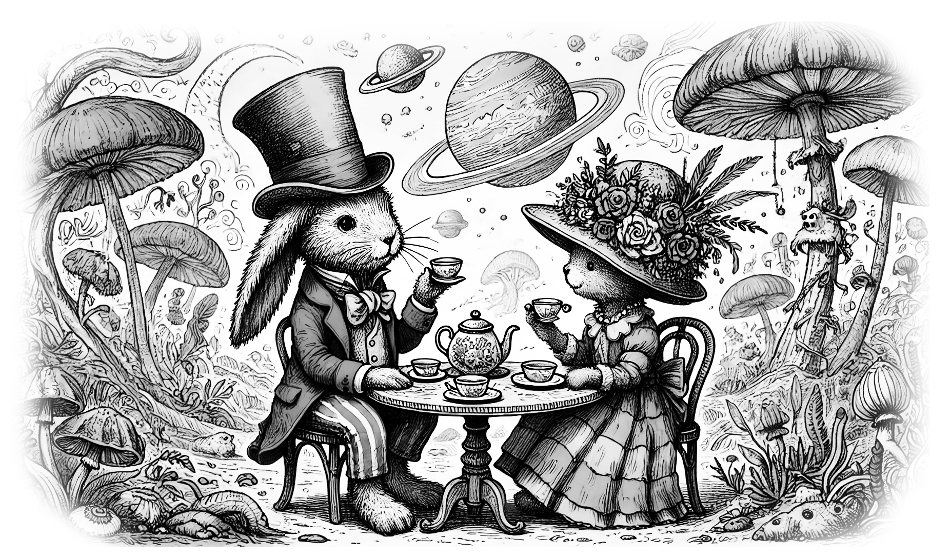 Bunny and Bear Having Tea